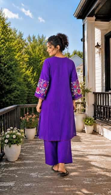 Purple Straight Kurta Set with Embroidered Sleeves