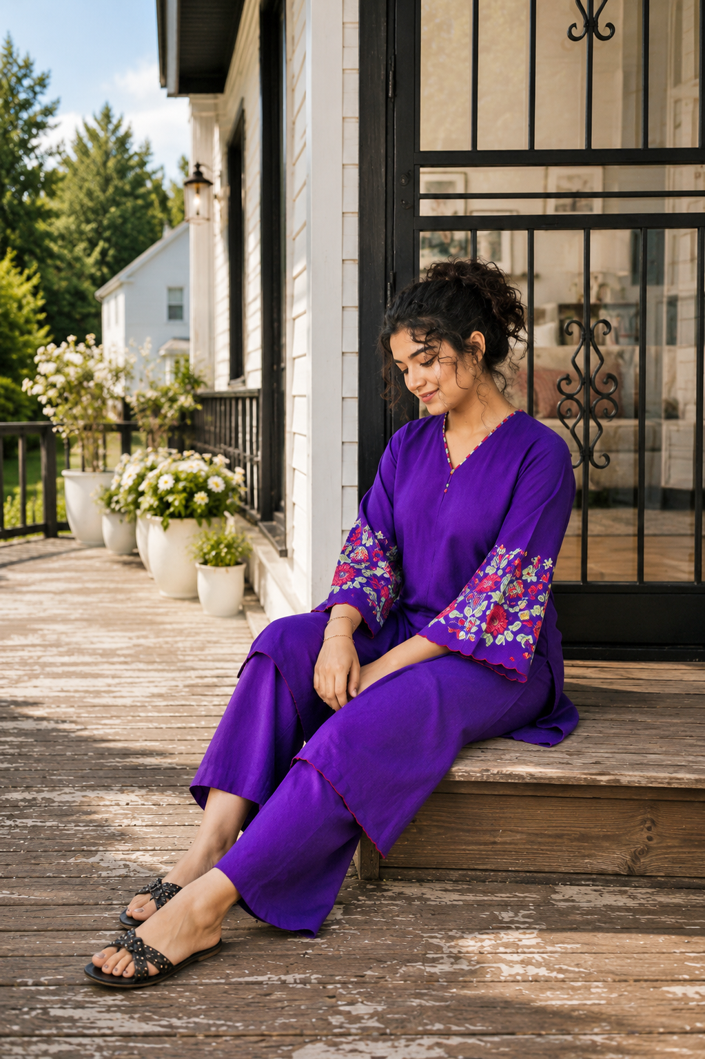 Purple Straight Kurta Set with Embroidered Sleeves