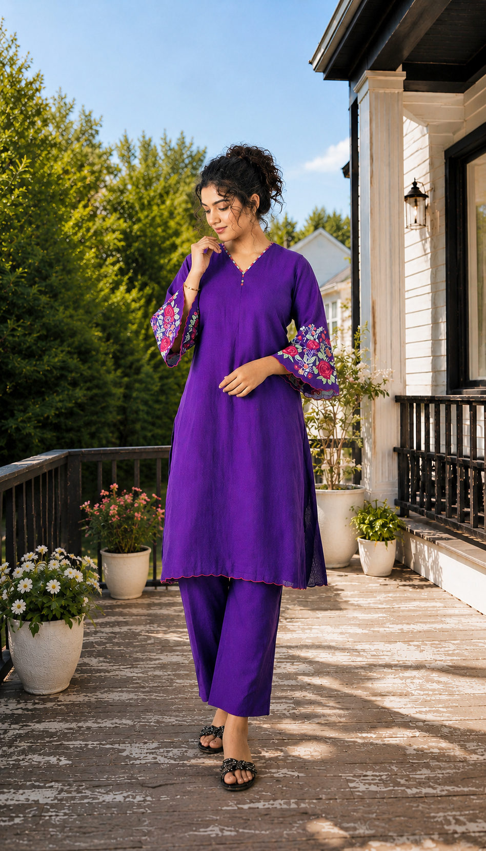 Purple Straight Kurta Set with Embroidered Sleeves