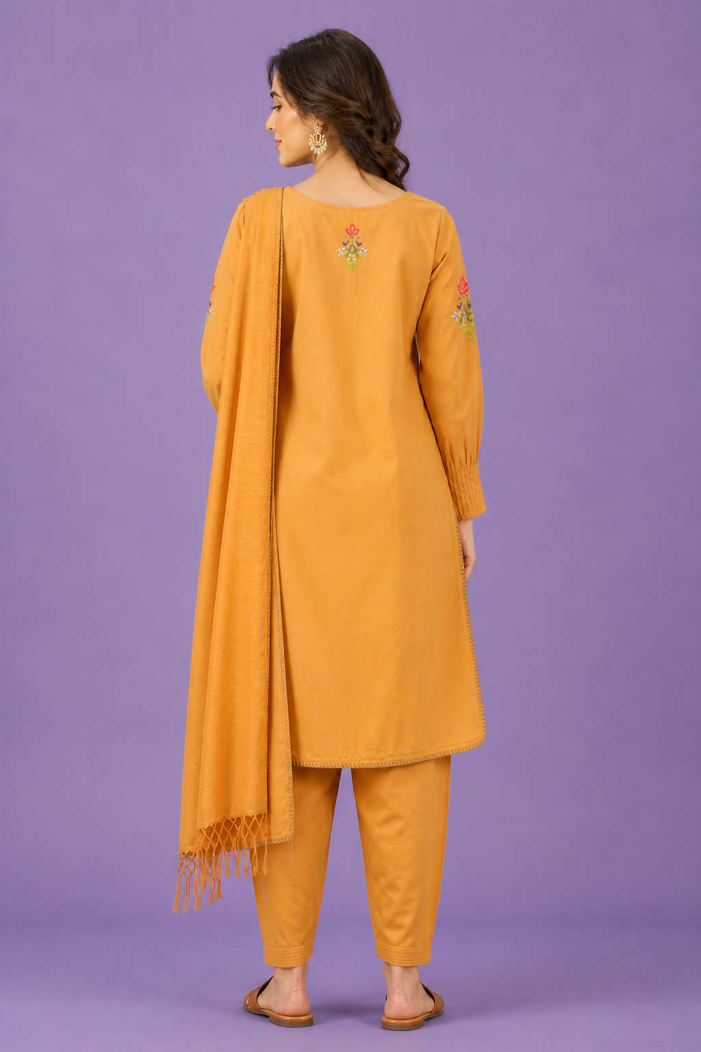Modern Embroidered Short Kurta with Pleated Dhoti Pants - Mustard Yellow