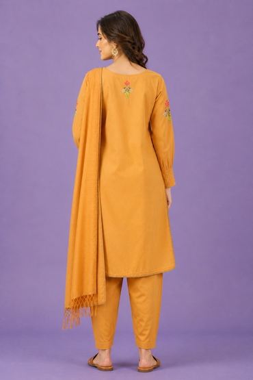 Modern Embroidered Short Kurta with Pleated Dhoti Pants - Mustard Yellow