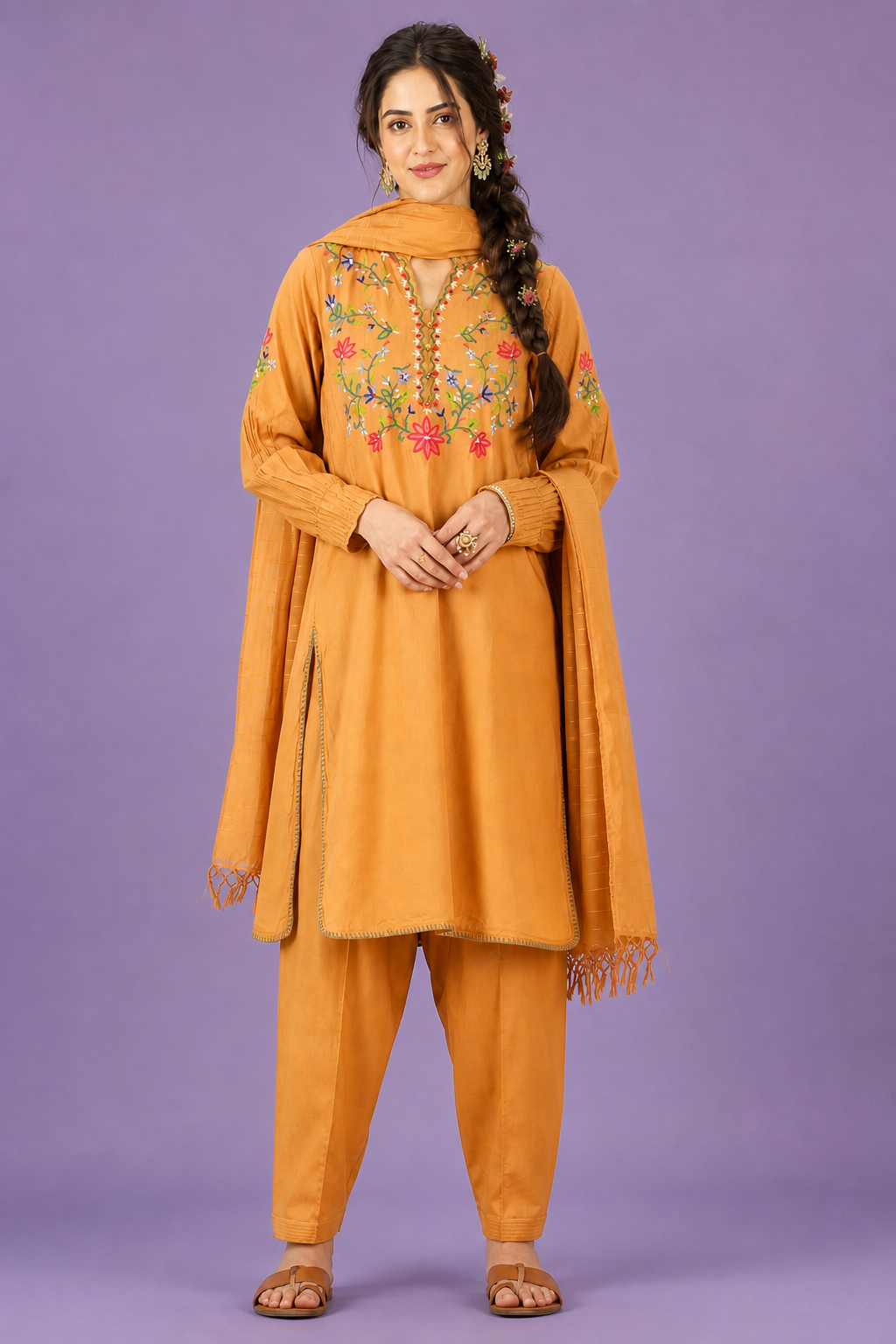 Modern Embroidered Short Kurta with Pleated Dhoti Pants - Mustard Yellow