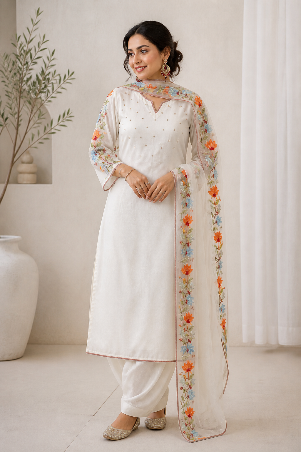 Solid Off-White Salwar Suit with Floral Embroidered Dupatta - Ivory White