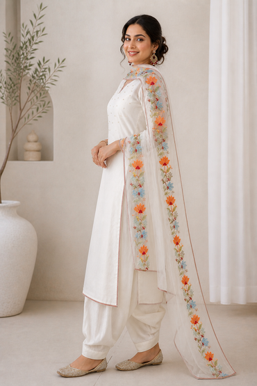 Solid Off-White Salwar Suit with Floral Embroidered Dupatta - Ivory White