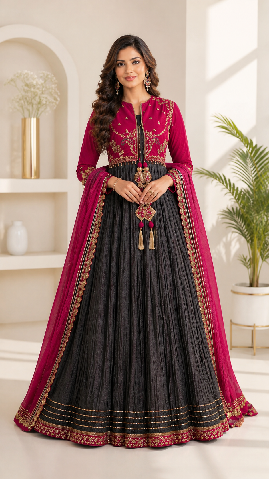 Silk & Georgette Anarkali Jacket Set | Charcoal & Magenta Pink