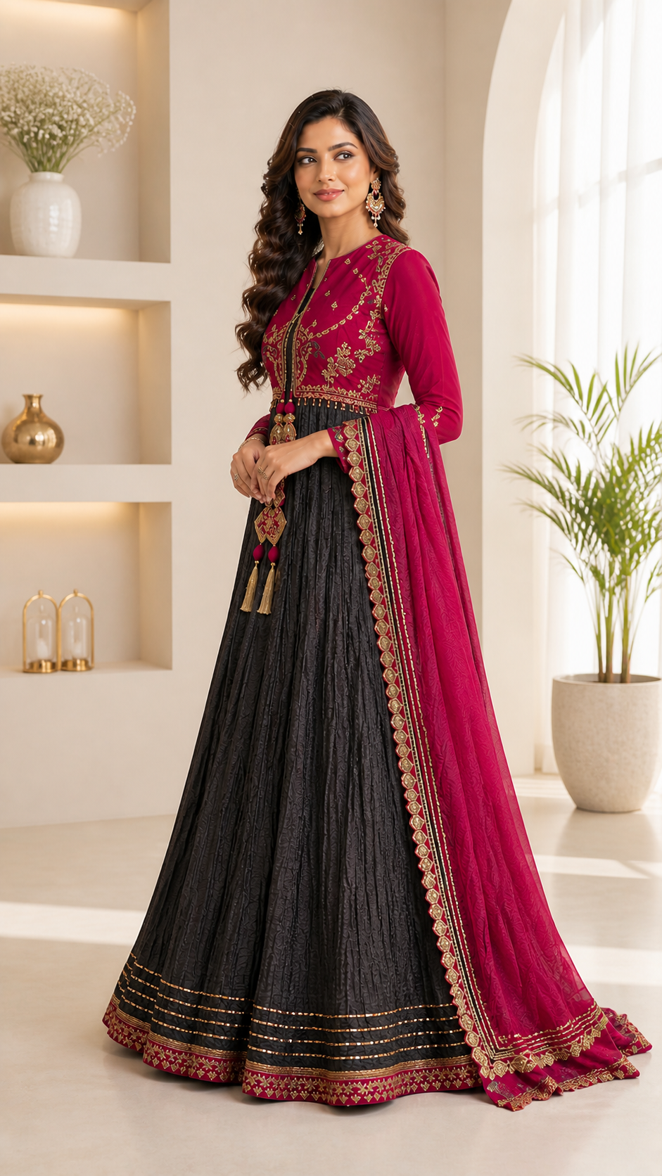 Silk & Georgette Anarkali Jacket Set | Charcoal & Magenta Pink