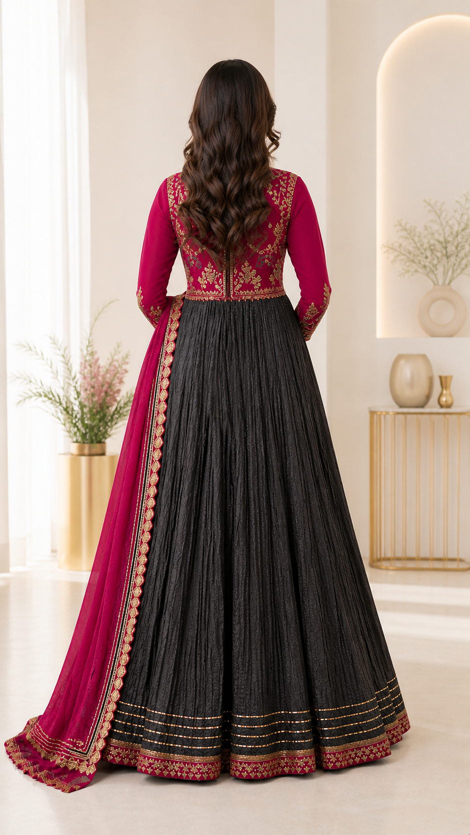 Silk & Georgette Anarkali Jacket Set | Charcoal & Magenta Pink