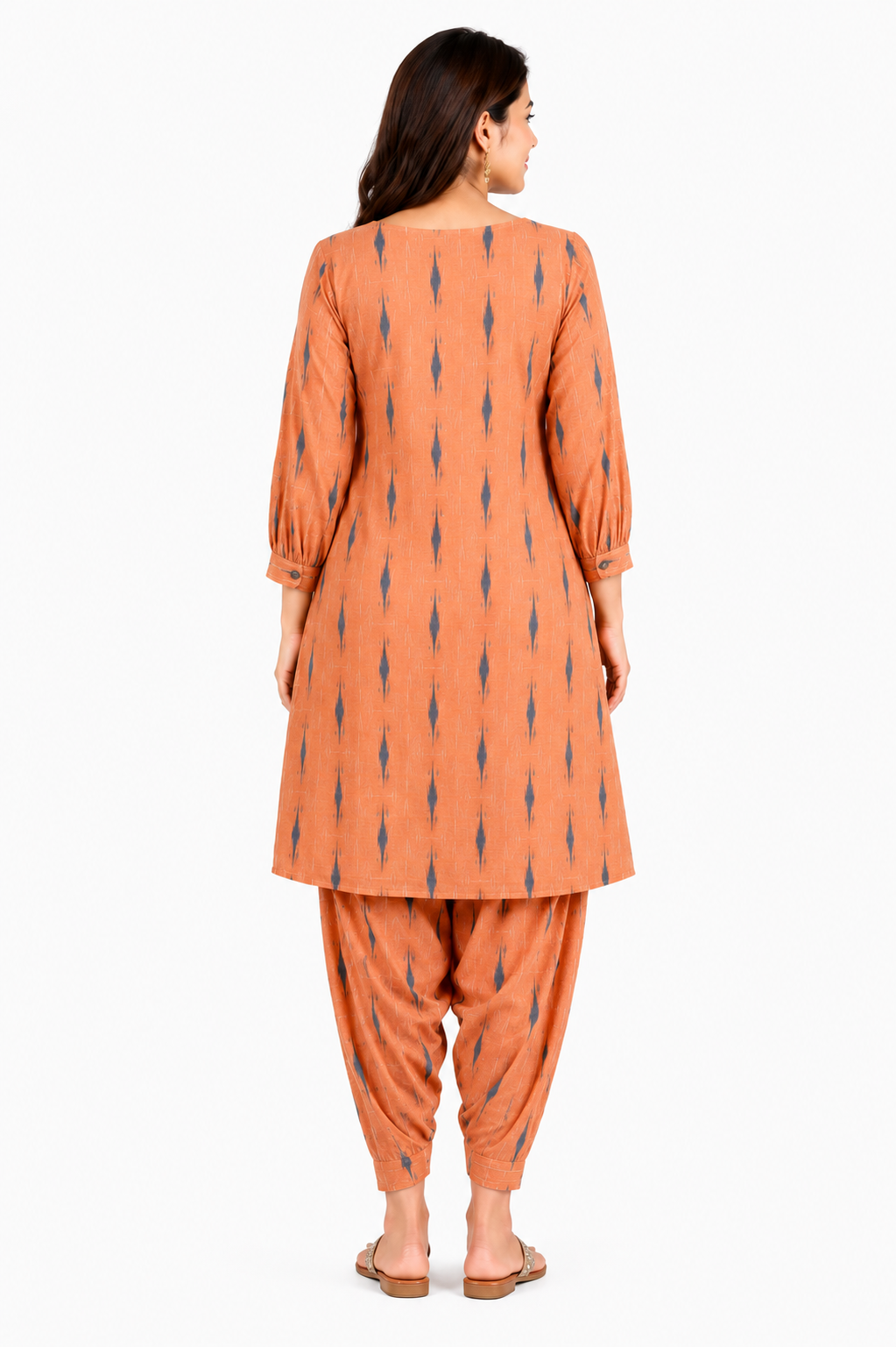 Casual Geometric Ikat Print High-Low Kurta Set with Dhoti Pants