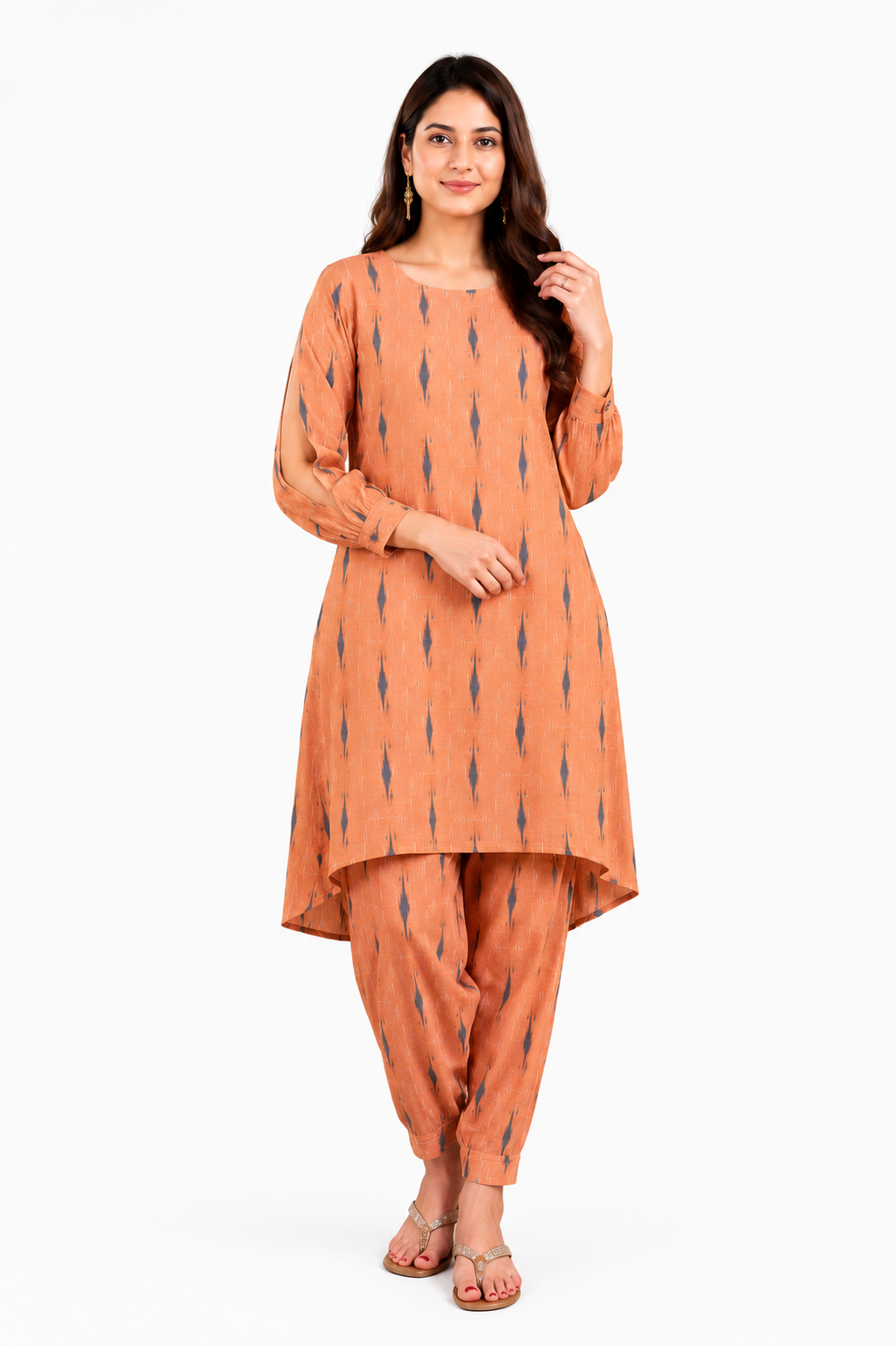 Casual Geometric Ikat Print High-Low Kurta Set with Dhoti Pants