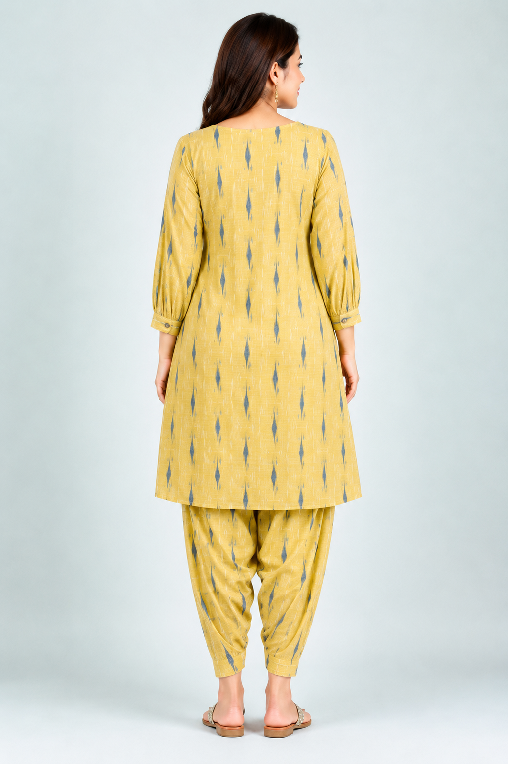 Casual Geometric Ikat Print High-Low Kurta Set with Dhoti Pants