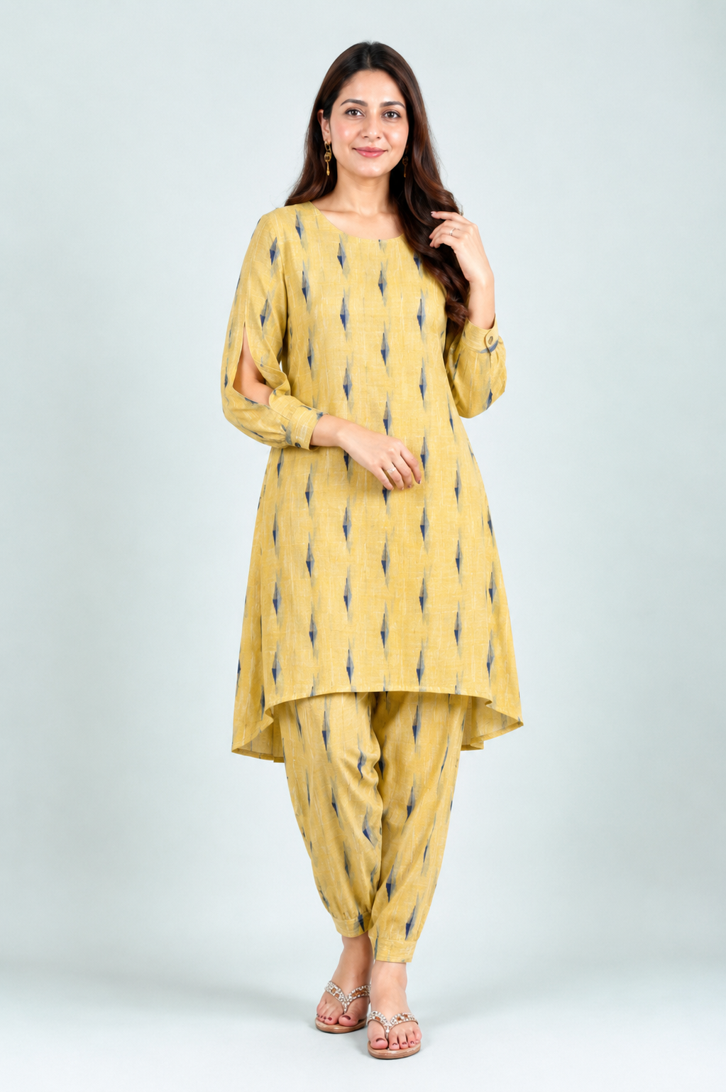 Casual Geometric Ikat Print High-Low Kurta Set with Dhoti Pants