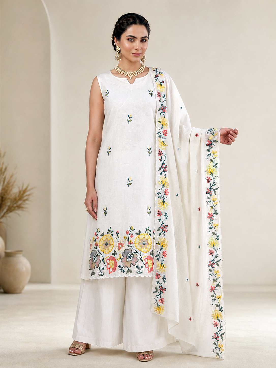 Vibrant Floral Embroidered Sleeveless Palazzo Suit Set – Off-White
