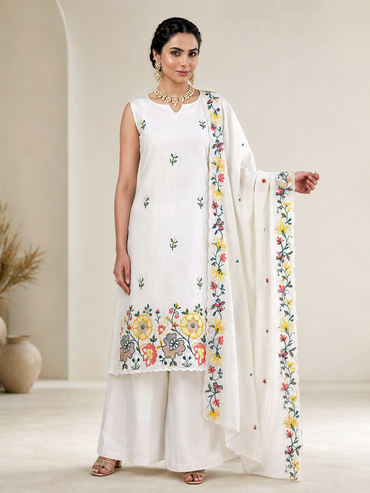 Vibrant Floral Embroidered Sleeveless Palazzo Suit Set – Off-White