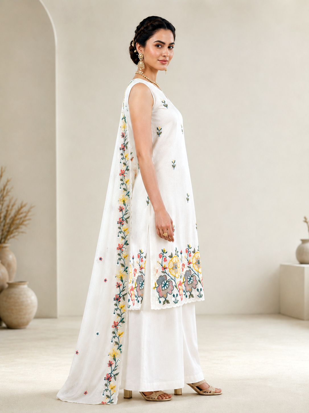 Vibrant Floral Embroidered Sleeveless Palazzo Suit Set – Off-White