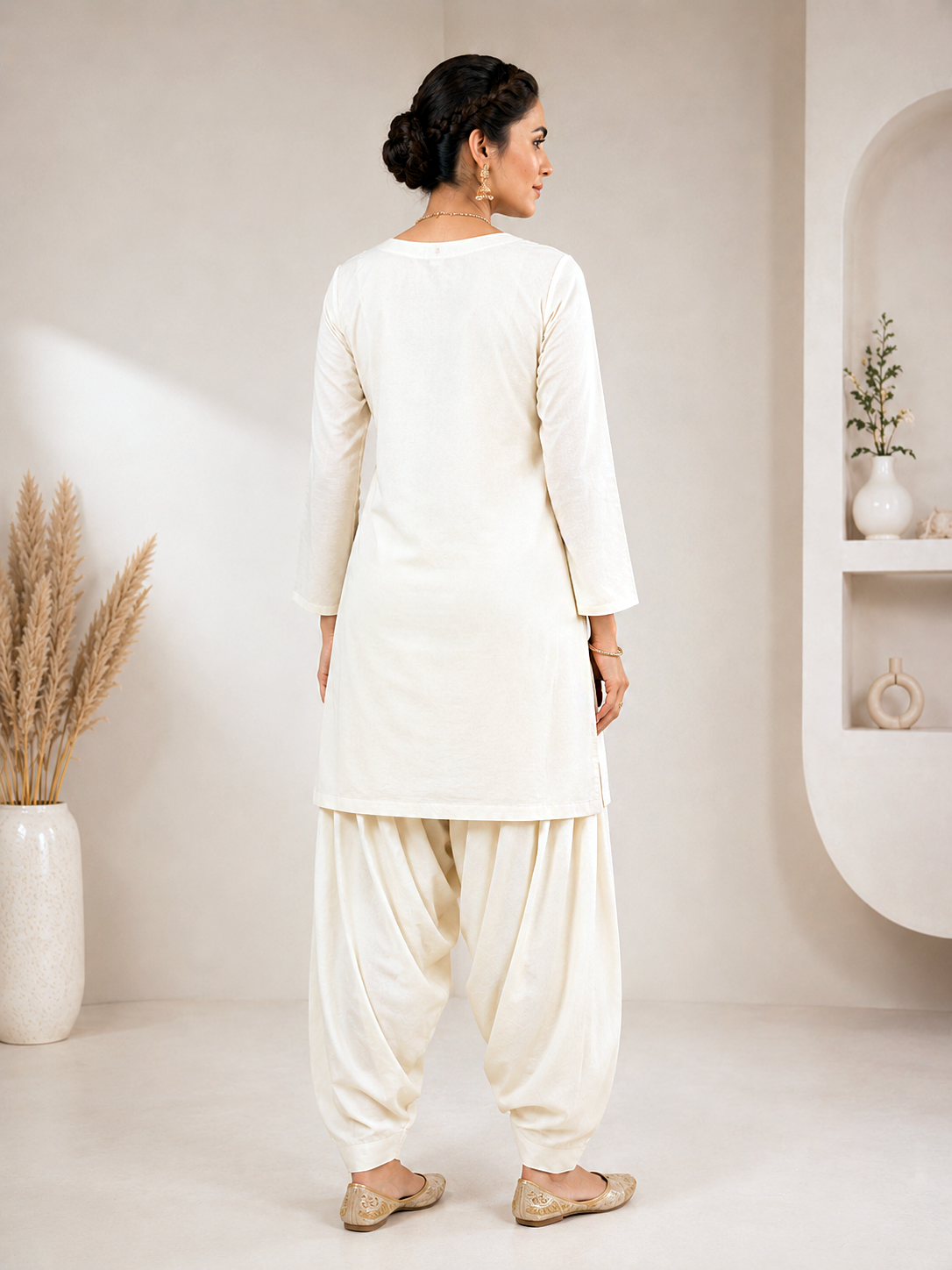 Artistic Figure Embroidered Short Kurti with Patiala Salwar – Off-White