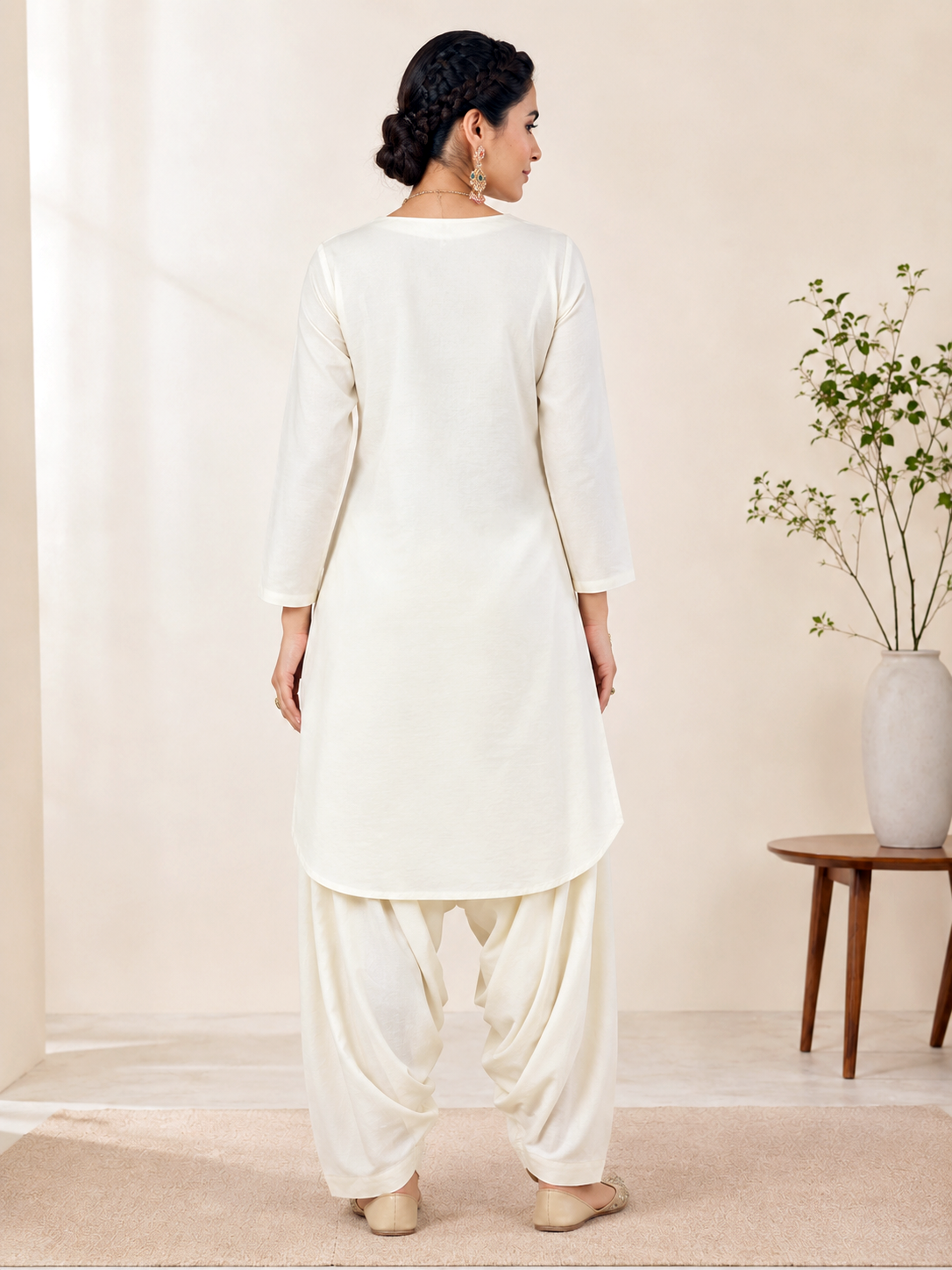 Artistic Figure Embroidered Short Kurti with Patiala Salwar – Off-White