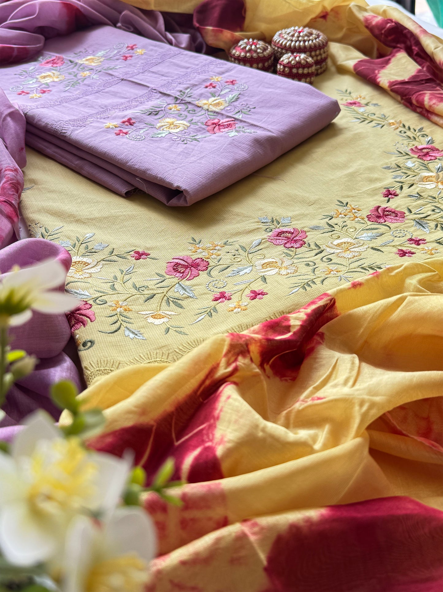 Giza Cotton Unstitched Suit Set – Floral Embroidery & Tie-Dye Kota Doria Dupatta