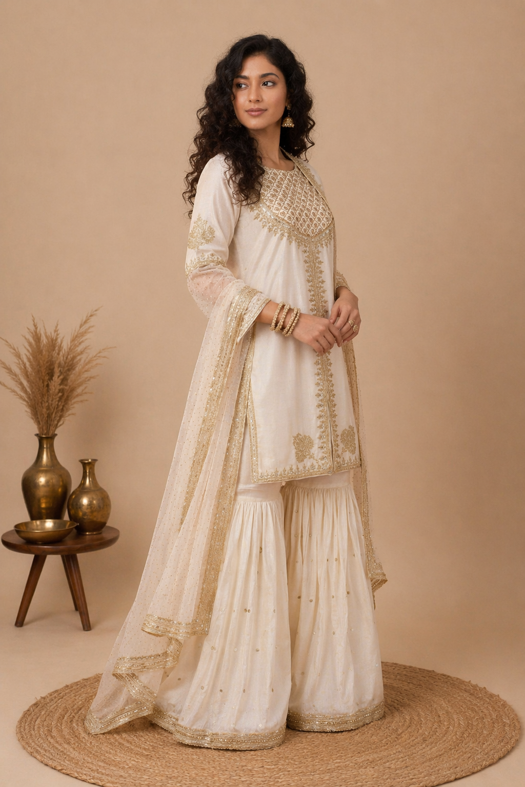 Premium Hand-Embroidered Zari Sharara Set – Cream & Gold