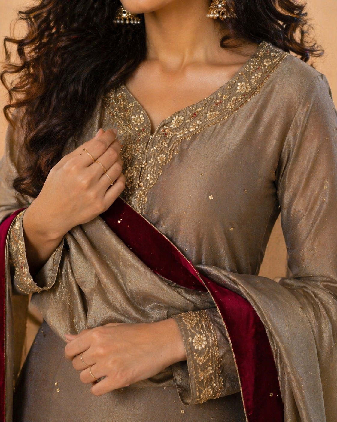 Zardozi Silk Kurta with Velvet Patiala Set - Beige Maroon