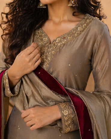 Designer Taupe Handwork Patiala Salwar Suit - Grey & Maroon