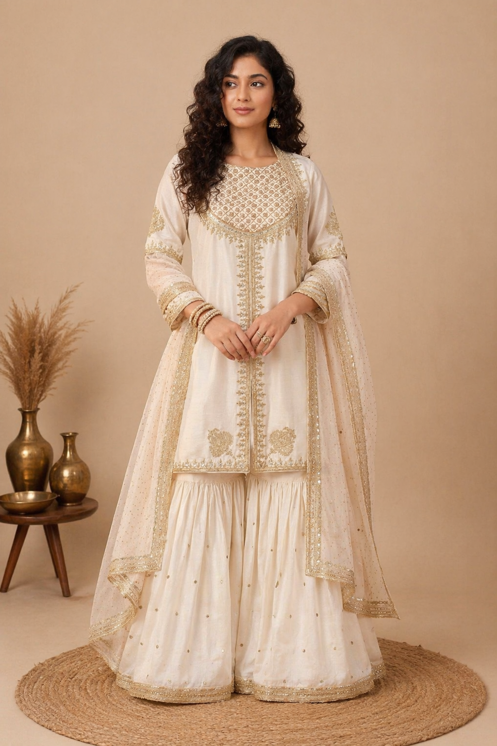 Intricate Embroidered Sharara Set – Ivory & Antique Gold