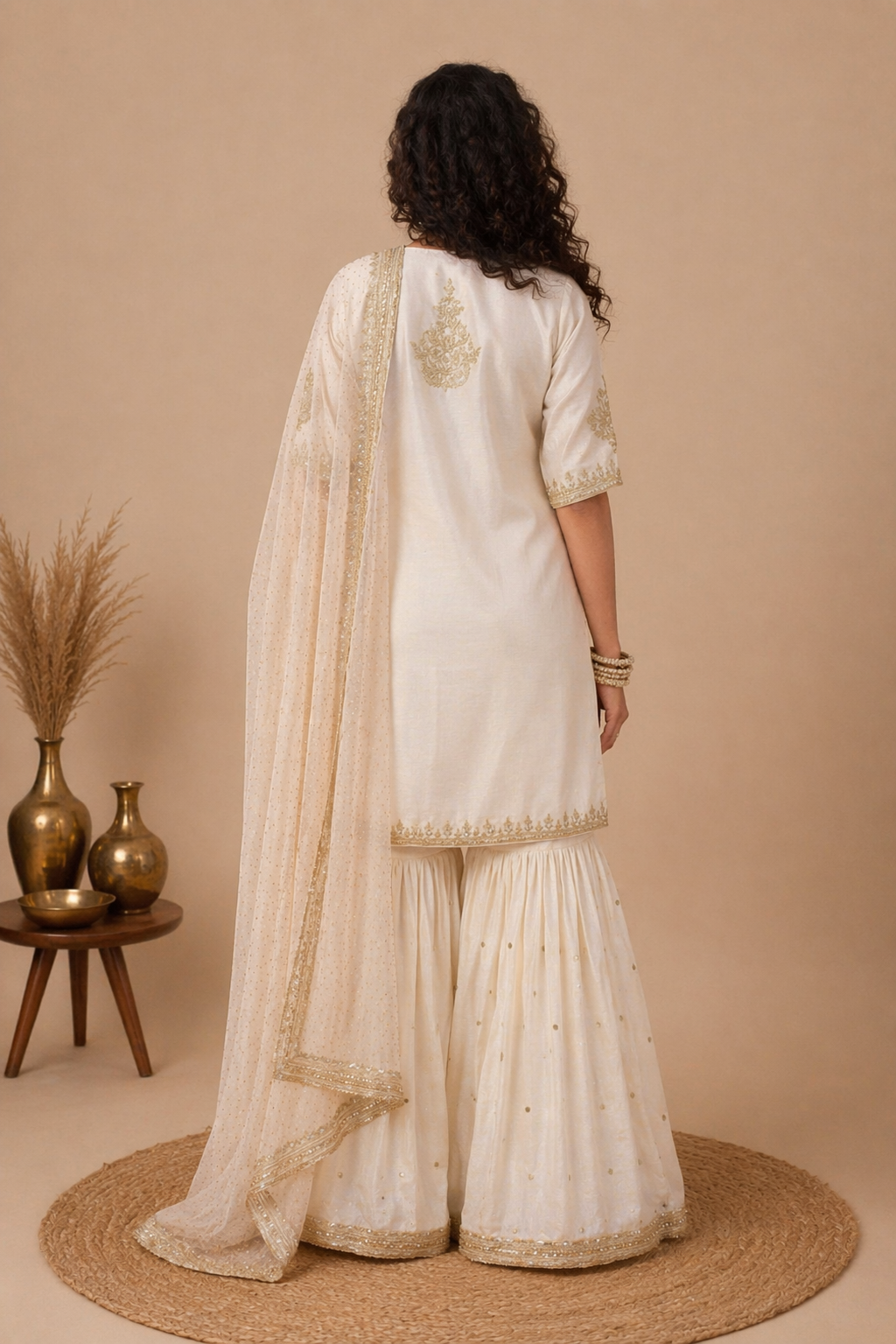 Intricate Embroidered Sharara Set – Ivory & Antique Gold