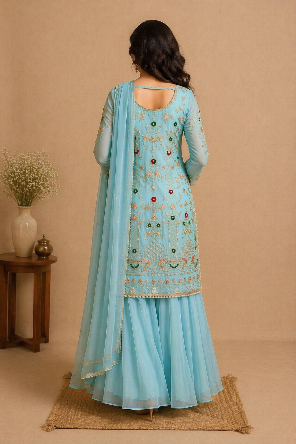 Intricate Embroidered Sharara Set – Festive Aqua Blue