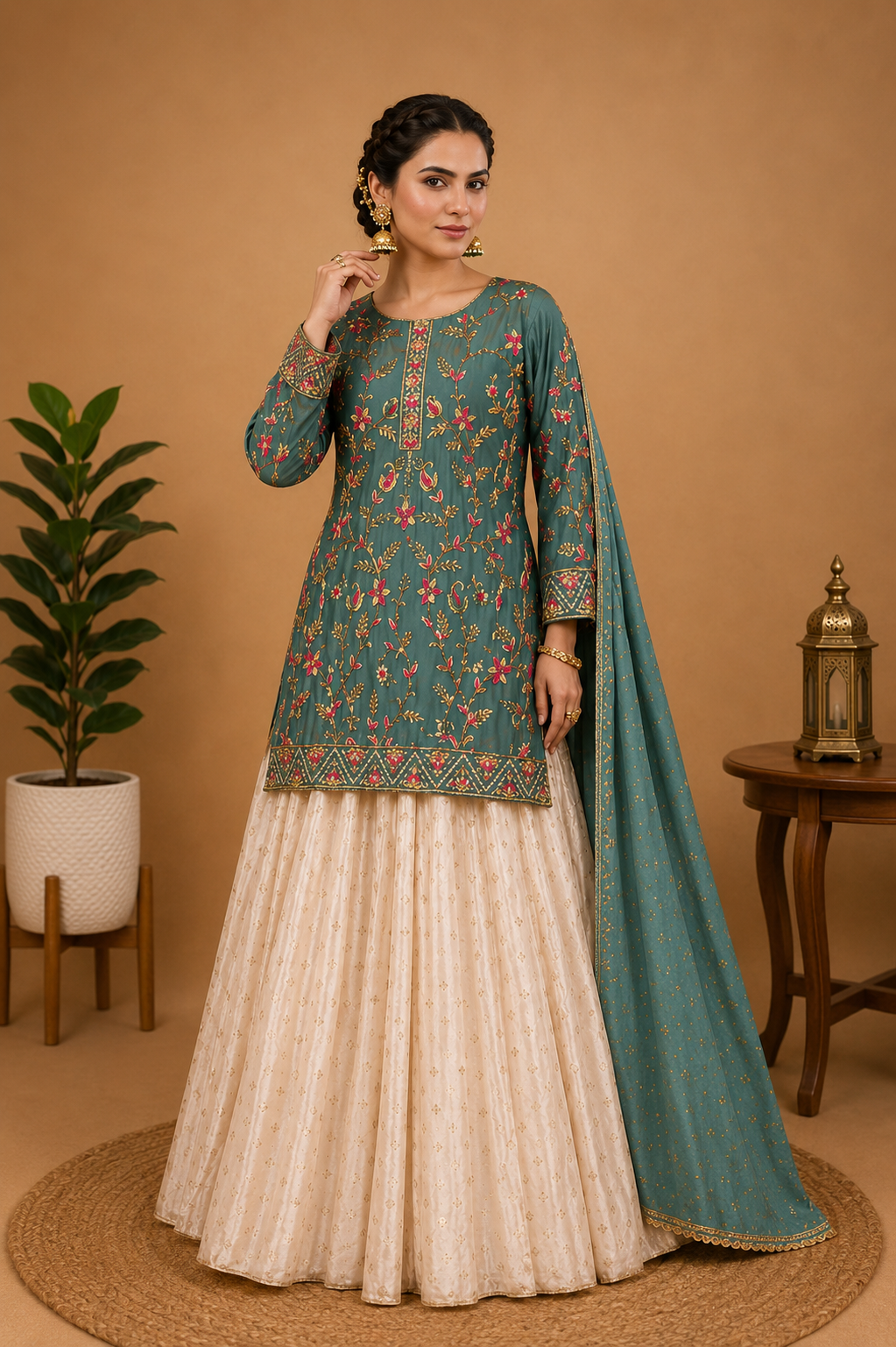 Intricate Embroidered Sharara Set – Sea Green & Ivory Cream