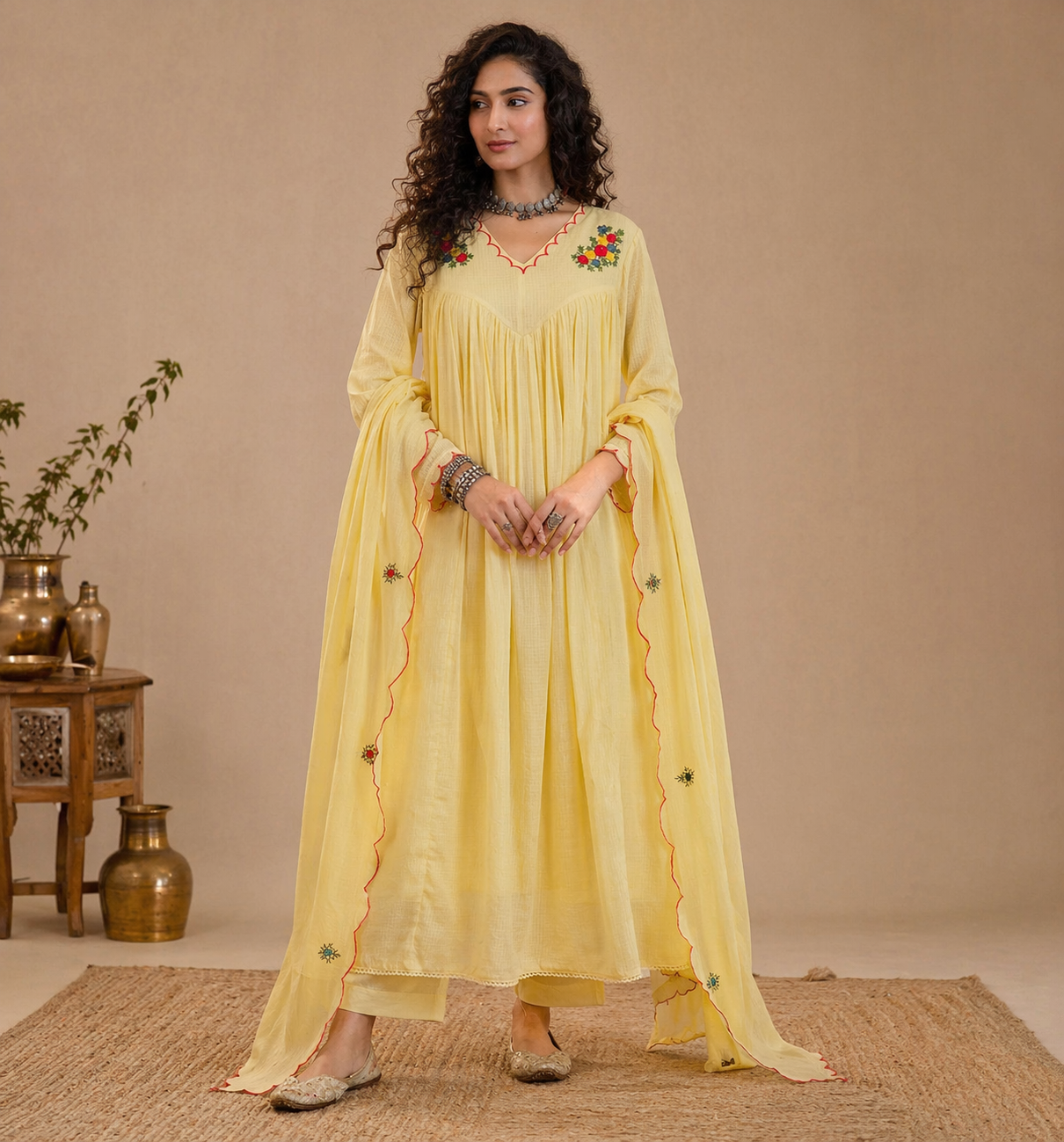 Pastel Yellow Embroidered Gathered Tunic Set