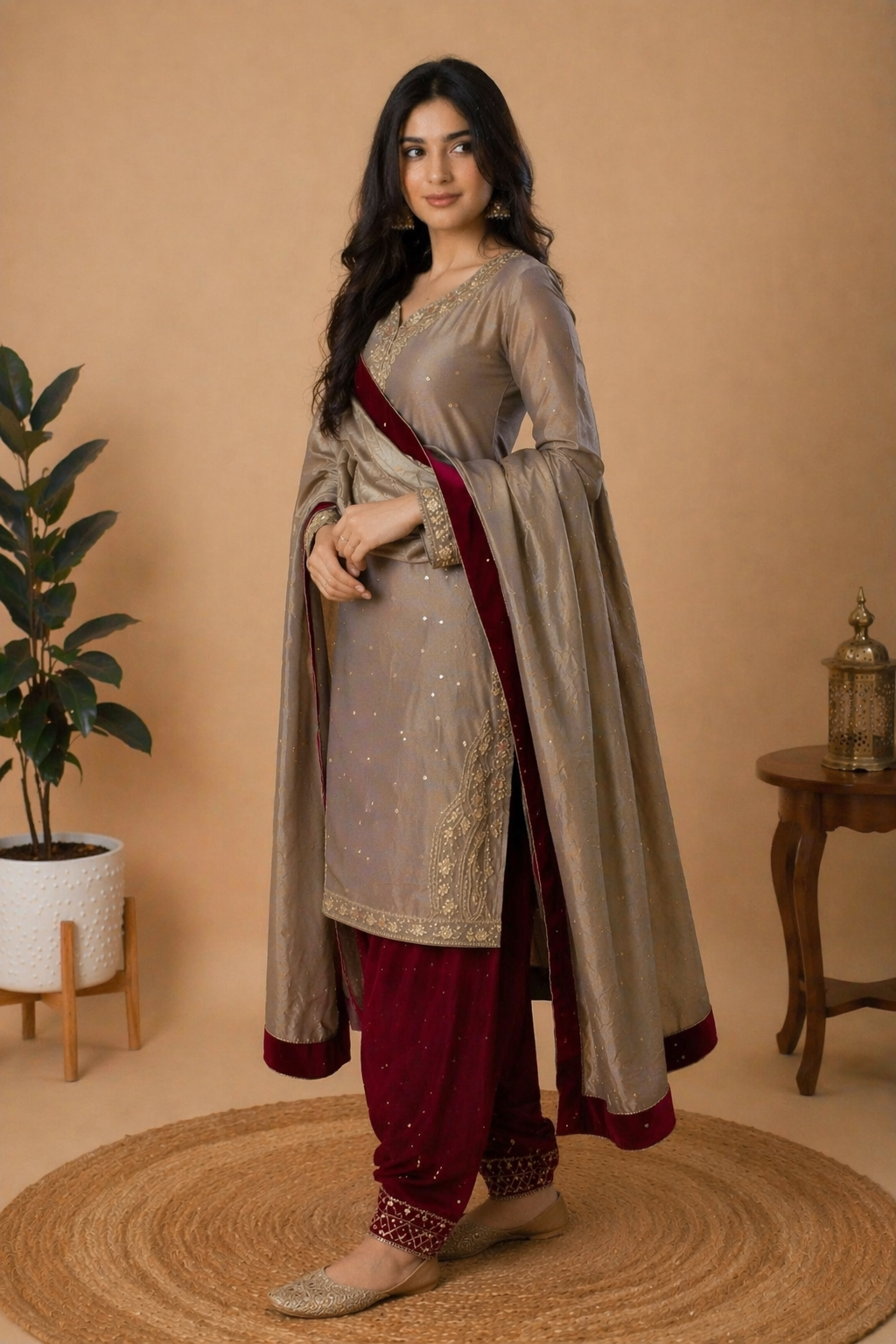 Designer Taupe Handwork Patiala Salwar Suit - Grey & Maroon