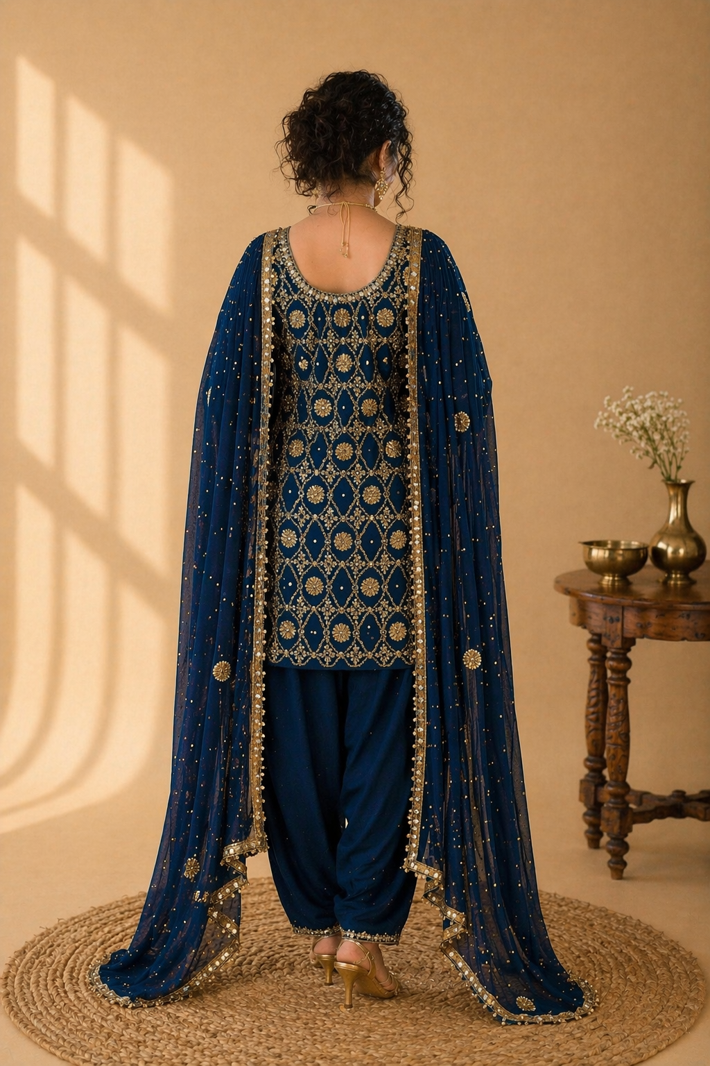 Royal Festive Intricate Embroidered Punjabi Salwar Set - Navy Blue
