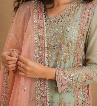 Zari Embroidered Silk Blend Palazzo Suit Set with Sheer Dupatta – Pista & Pink