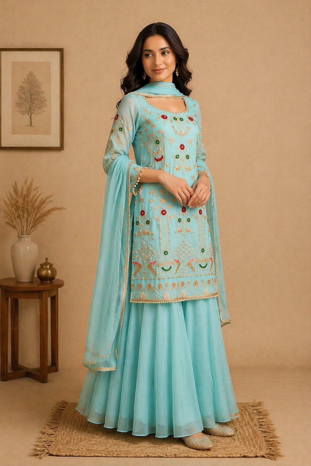 Intricate Embroidered Sharara Set – Festive Aqua Blue