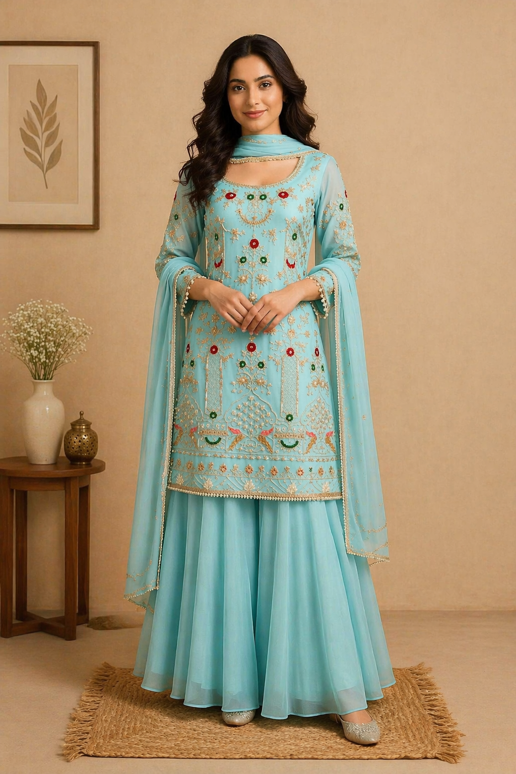 Intricate Embroidered Sharara Set – Festive Aqua Blue