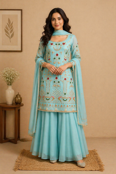 Intricate Embroidered Sharara Set – Festive Aqua Blue