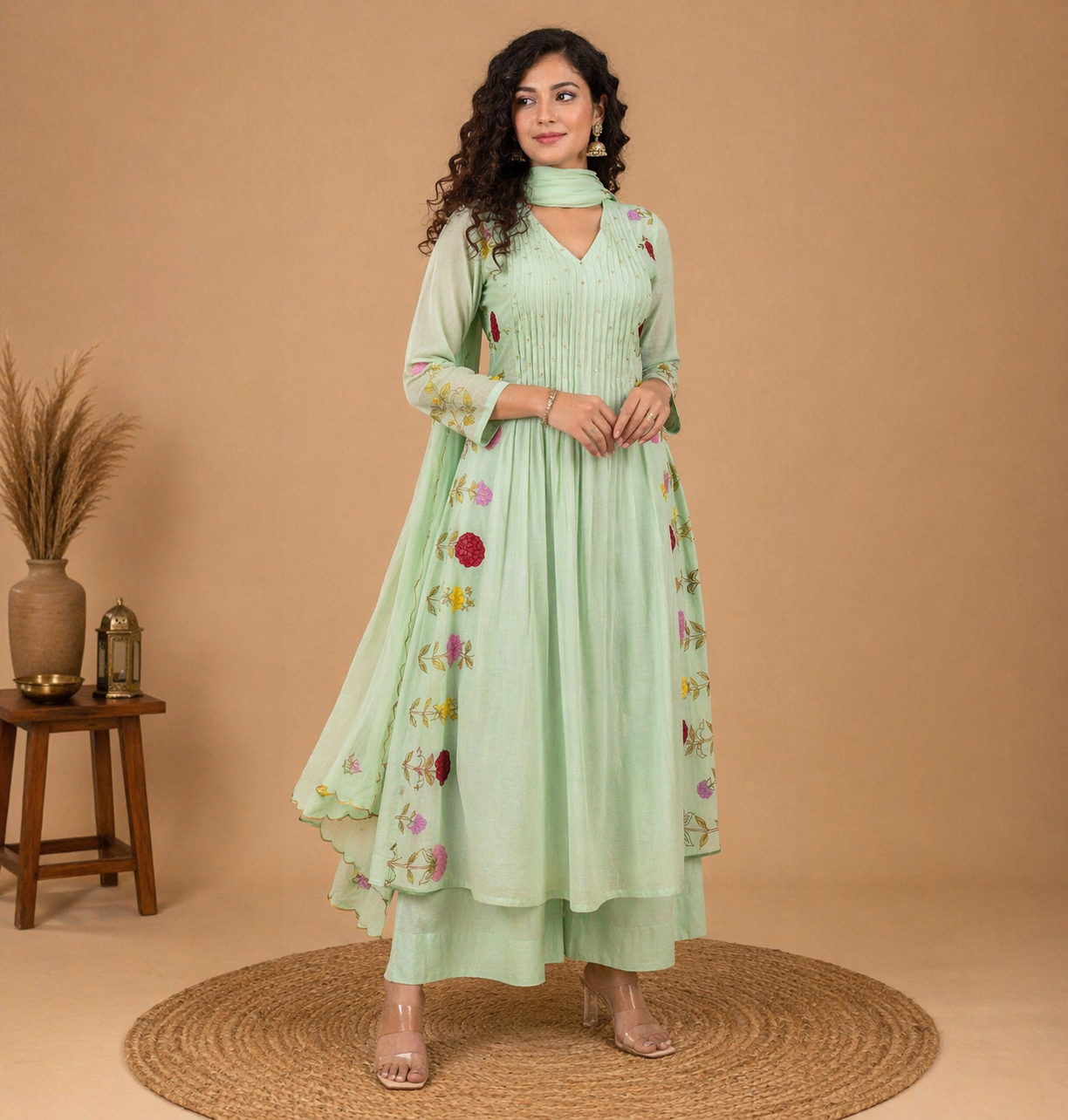Anarkali Suit with Colorful Floral Hand Embroidery - Pastel Green