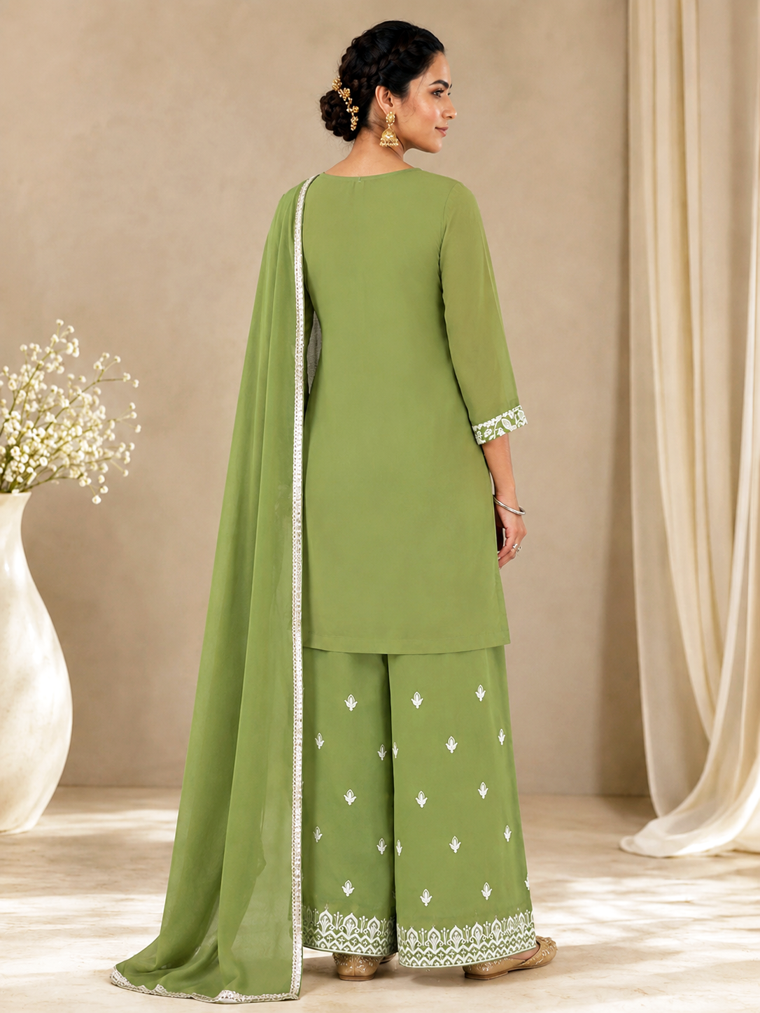 Elegant Floral Thread Embroidered Cotton Palazzo Suit Set – Sage Green