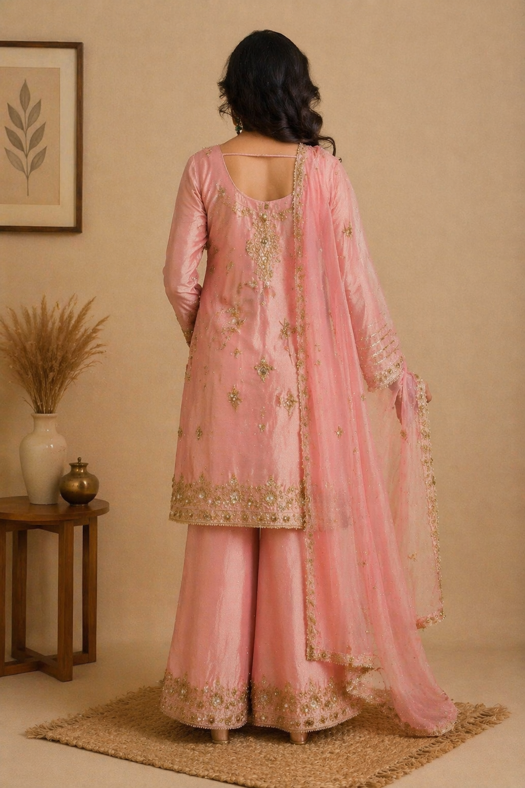 Zari Embroidered Silk Blend Sharara Suit Set – Rose Pink