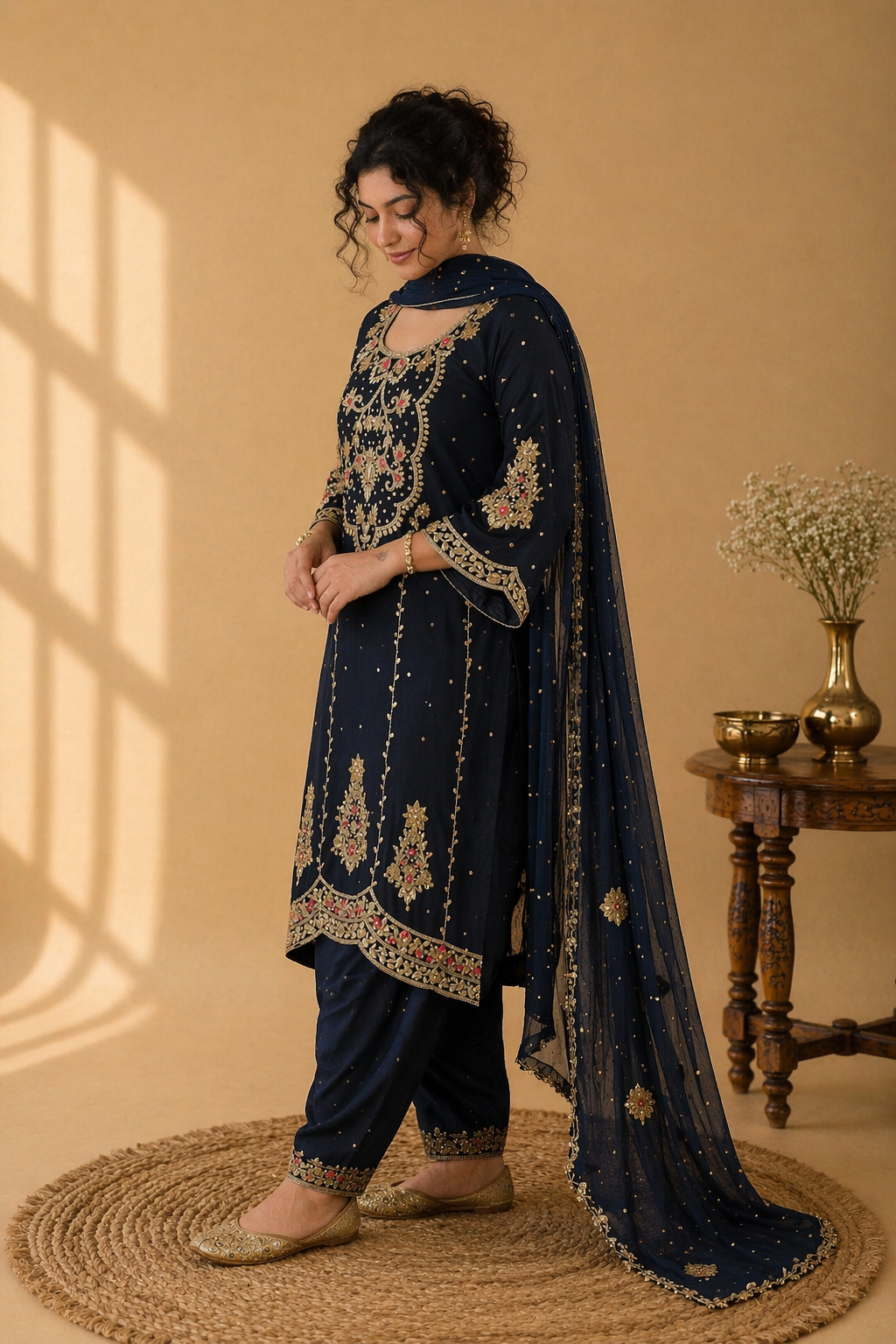 Royal Festive Intricate Embroidered Punjabi Salwar Set - Navy Blue