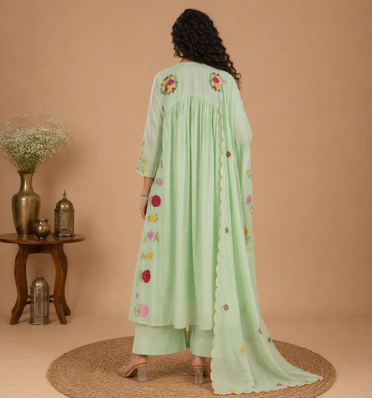 Anarkali Suit with Colorful Floral Hand Embroidery - Pastel Green