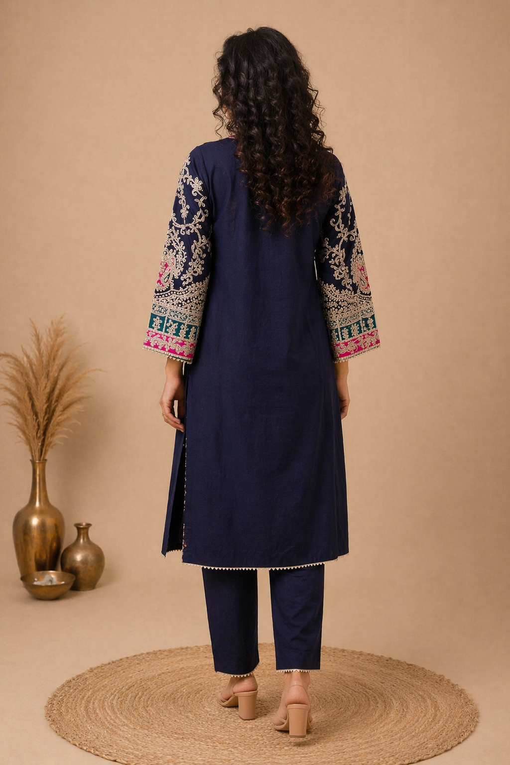 A-Line Suit Set with Intricate Neck & Sleeves Floral Embroidery - Navy Blue