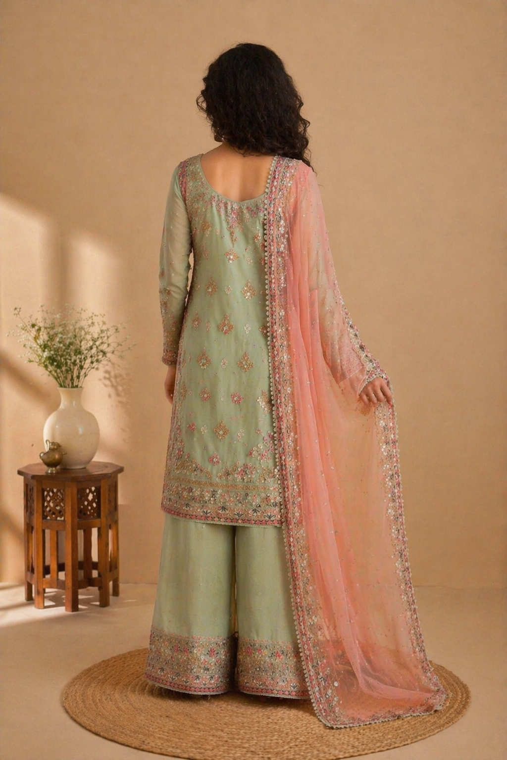 Zari Embroidered Silk Blend Palazzo Suit Set with Sheer Dupatta – Pista & Pink