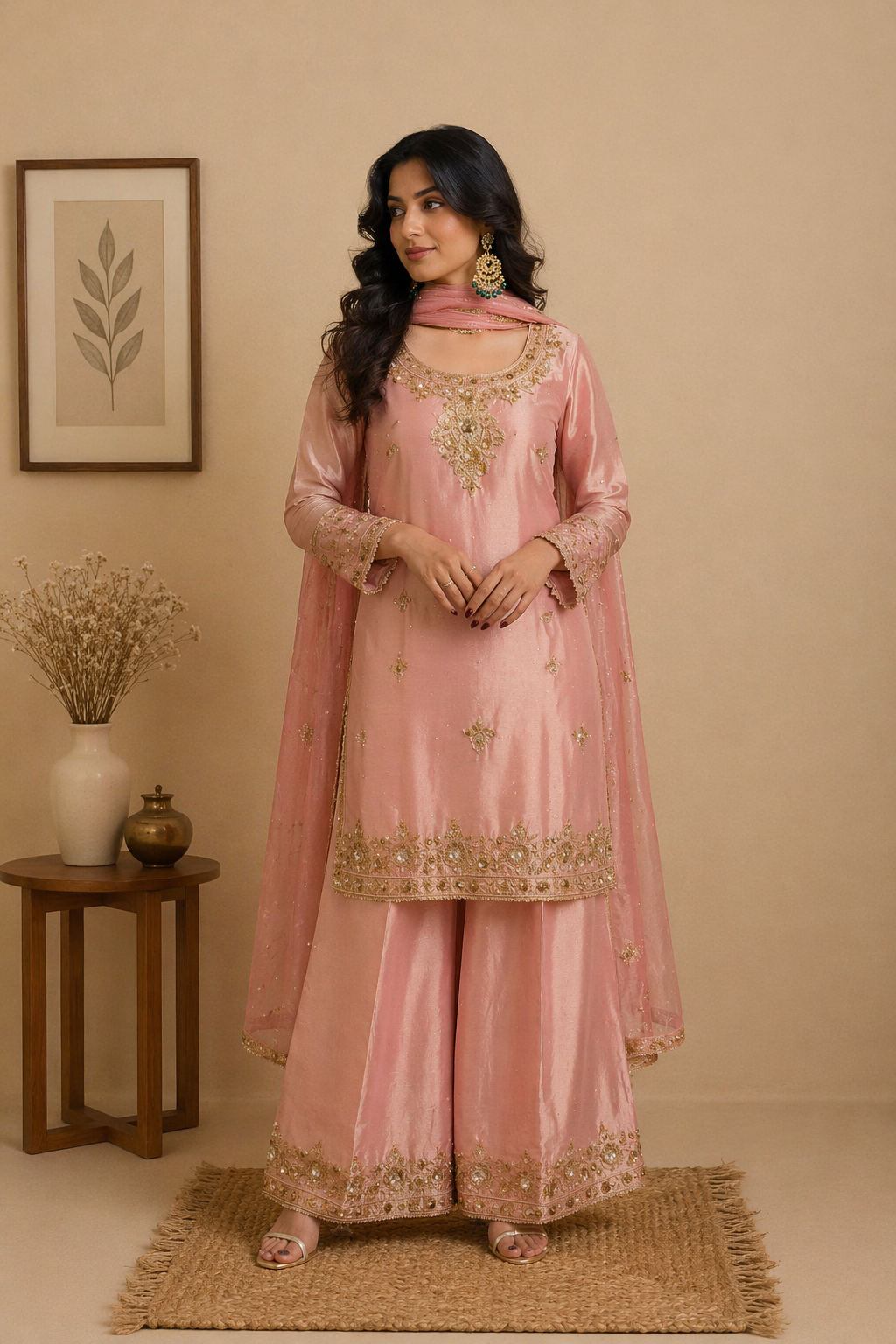 Zari Embroidered Silk Blend Sharara Suit Set – Rose Pink