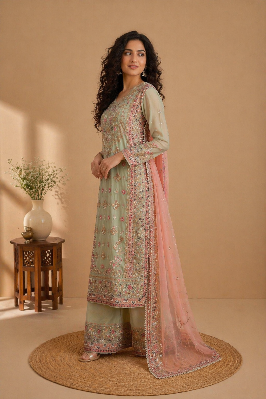 Zari Embroidered Silk Blend Palazzo Suit Set with Sheer Dupatta – Pista & Pink