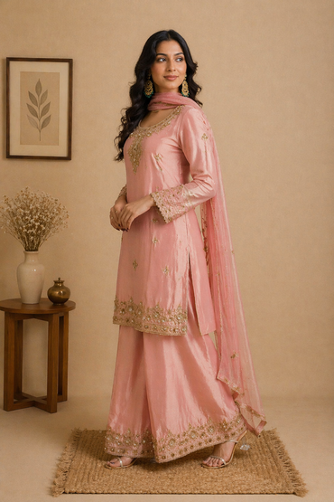 Zari Embroidered Silk Blend Sharara Suit Set – Rose Pink