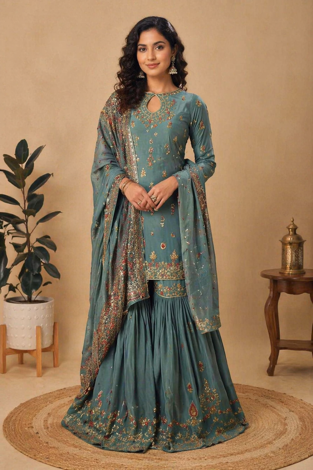 Intricate Embroidered Sharara Set – Dusty Teal & Antique Gold