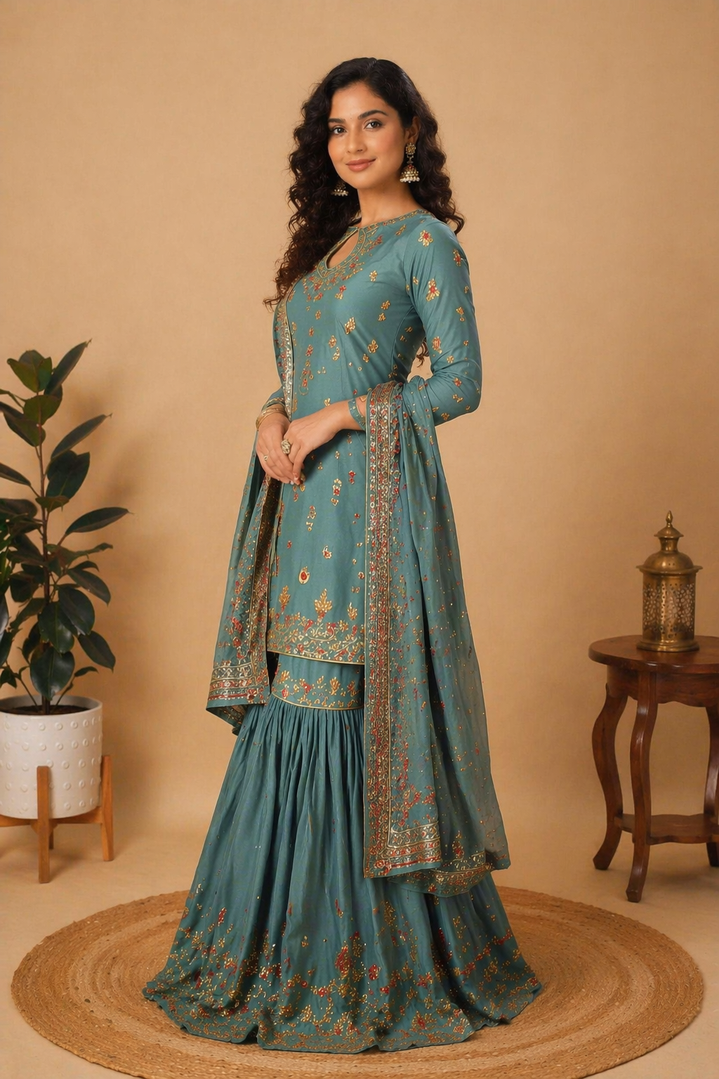 Intricate Embroidered Sharara Set – Dusty Teal & Antique Gold