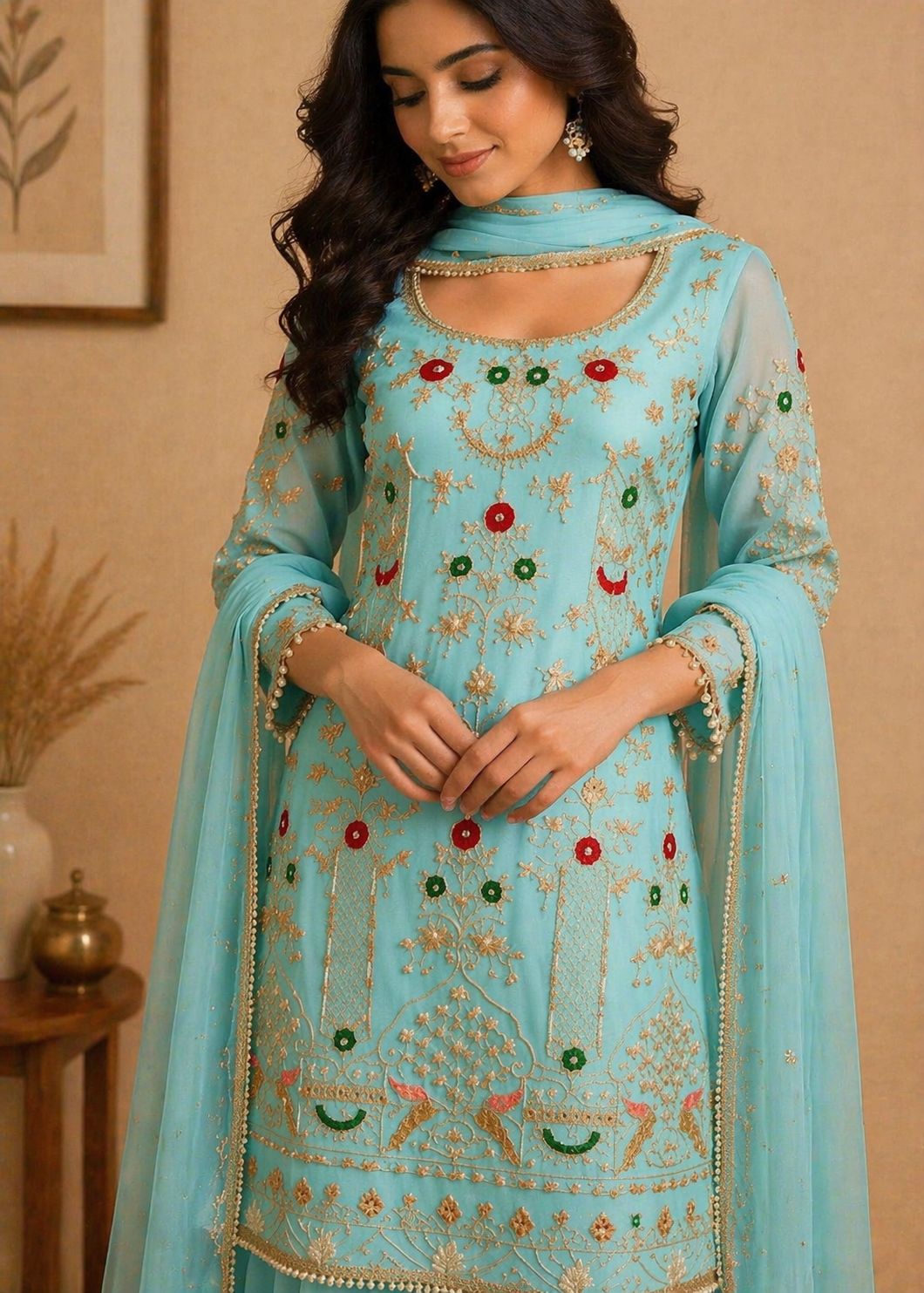 Intricate Embroidered Sharara Set – Festive Aqua Blue