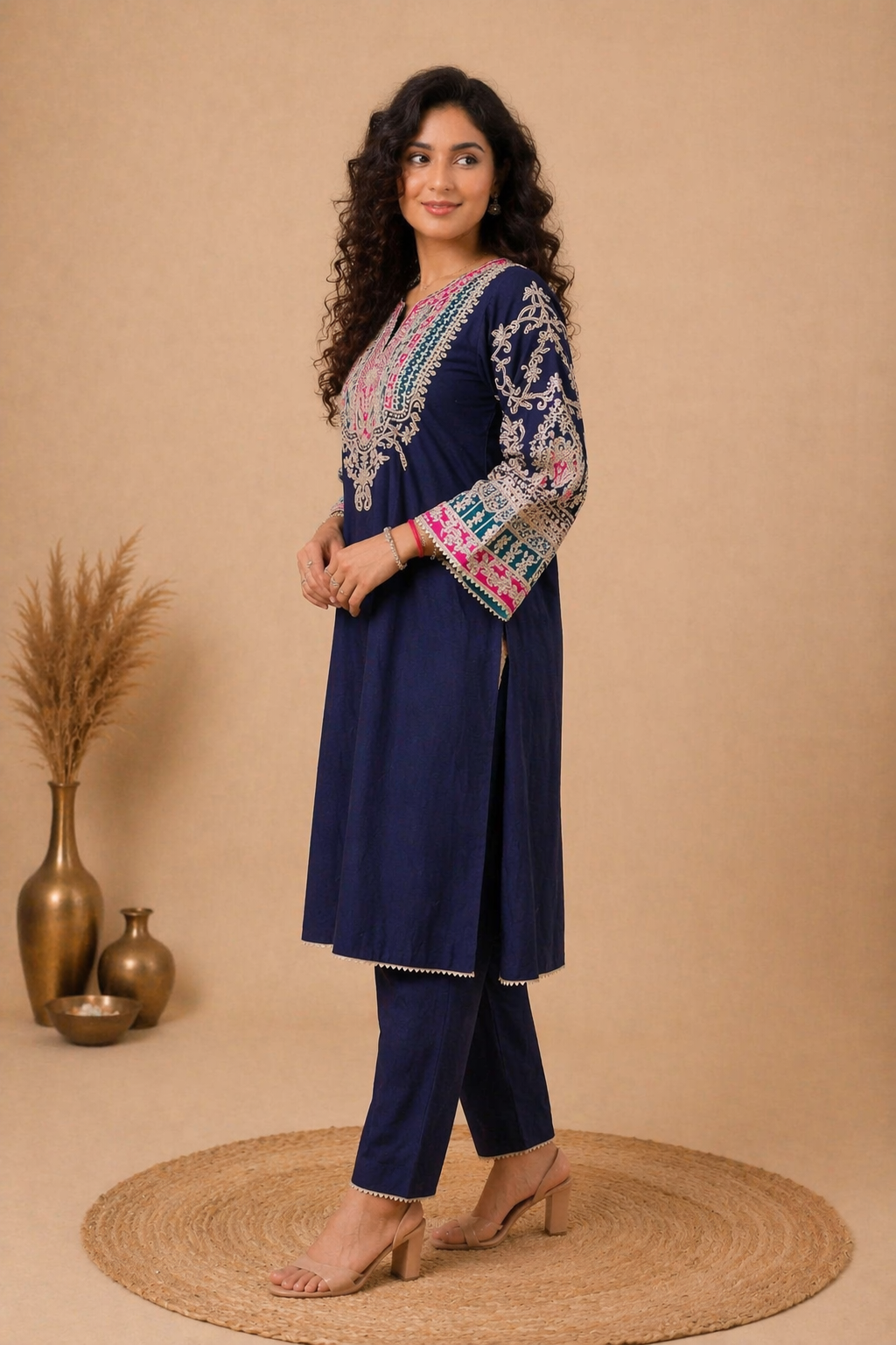 A-Line Suit Set with Intricate Neck & Sleeves Floral Embroidery - Navy Blue