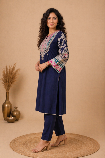 A-Line Suit Set with Intricate Neck & Sleeves Floral Embroidery - Navy Blue